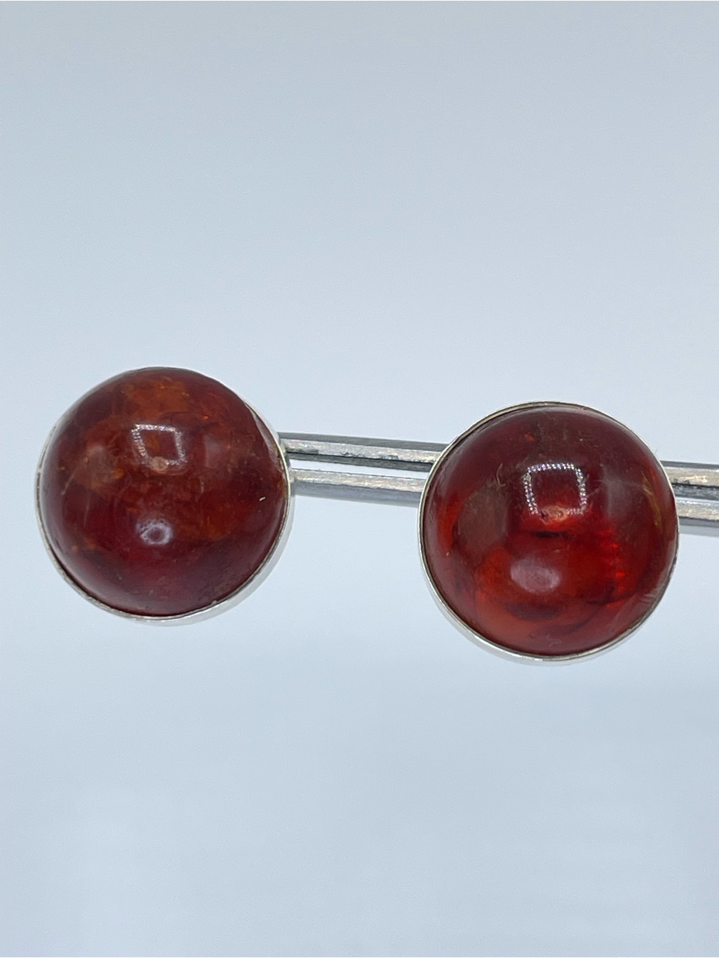 Vintage 925 Sterling Silver Baltic Amber Round Cabochon Stud Earrings Stunning